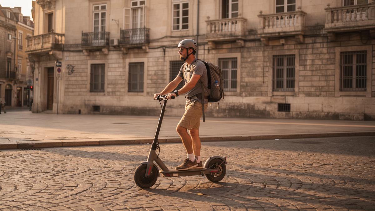 Rider wearing a fitted helmet on an e-scooter along a cobbled street in Lviv
